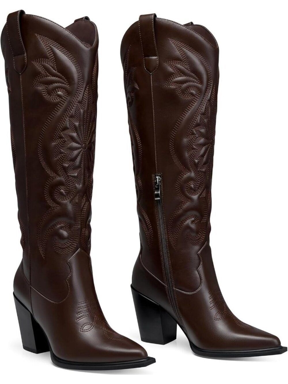 Women's Brown High Cowboy Boots 3.5 Inch Chunky Heels Cowgirl Boot Pointed Toe